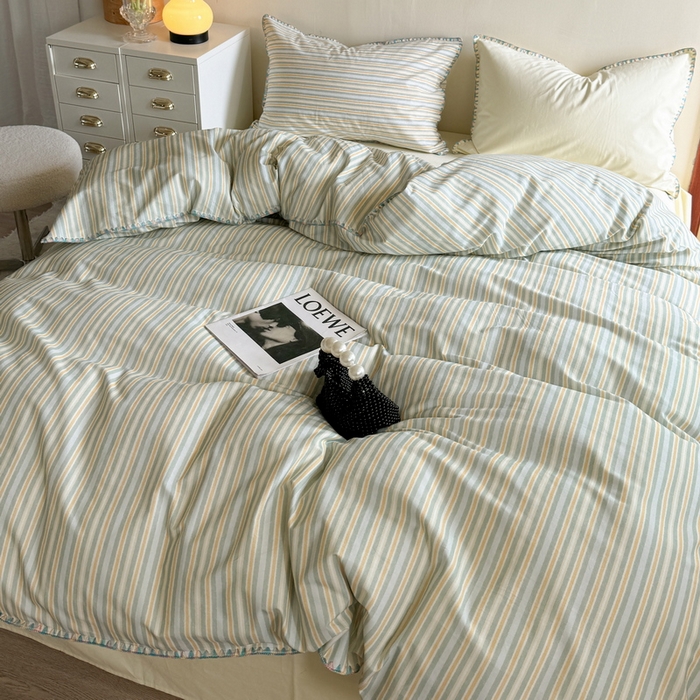 91家纺网 家纺一手货源 找家纺 艾莱家纺 2025新款七彩贝壳全棉加厚超柔磨毛四件套 幻珊-黄细条