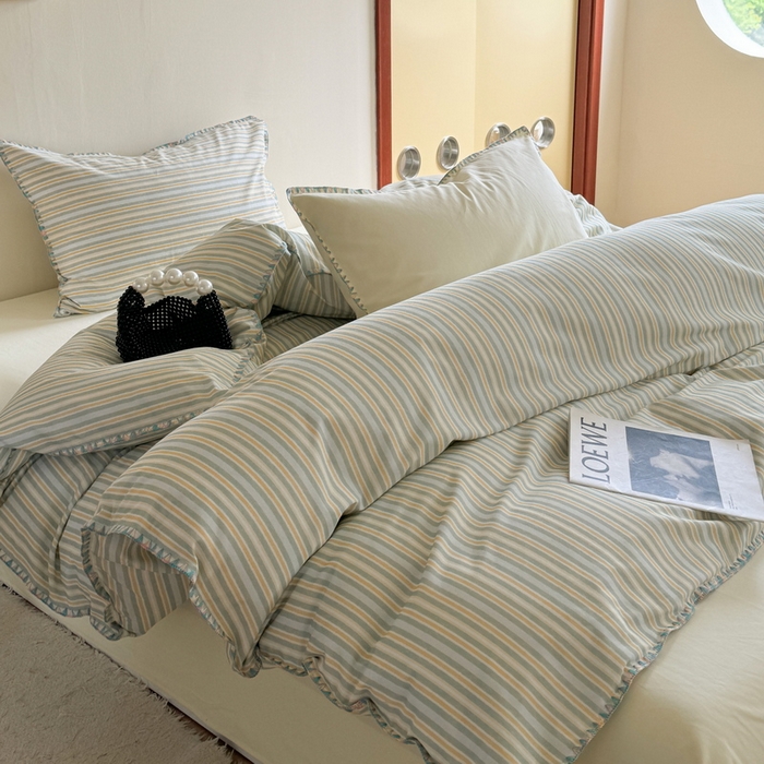 91家纺网 家纺一手货源 找家纺 艾莱家纺 2025新款七彩贝壳全棉加厚超柔磨毛四件套 幻珊-黄细条