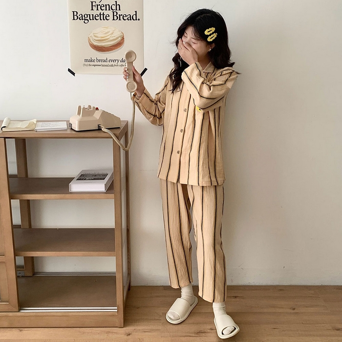 91家纺网 家纺一手货源 找家纺 （总）观月轩家纺 2025新款双层纱咖条纹家居服