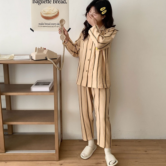 91家纺网 家纺一手货源 找家纺 （总）观月轩家纺 2025新款双层纱咖条纹家居服