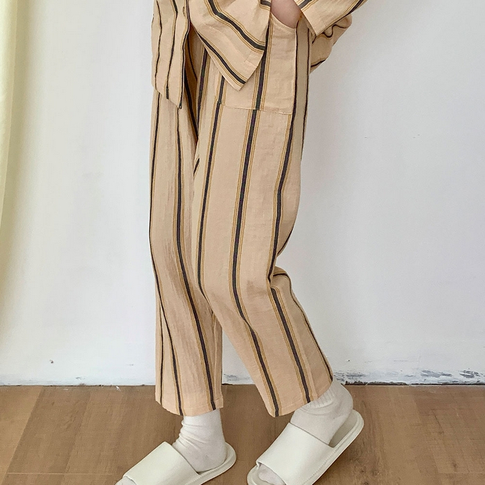 91家纺网 家纺一手货源 找家纺 （总）观月轩家纺 2025新款双层纱咖条纹家居服