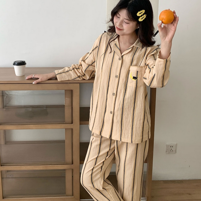 91家纺网 家纺一手货源 找家纺 （总）观月轩家纺 2025新款双层纱咖条纹家居服