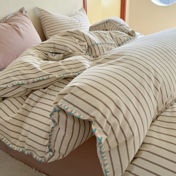 艾莱家纺 2025新款七彩贝壳全棉加厚超柔磨毛四件套 幻珊-咖中条