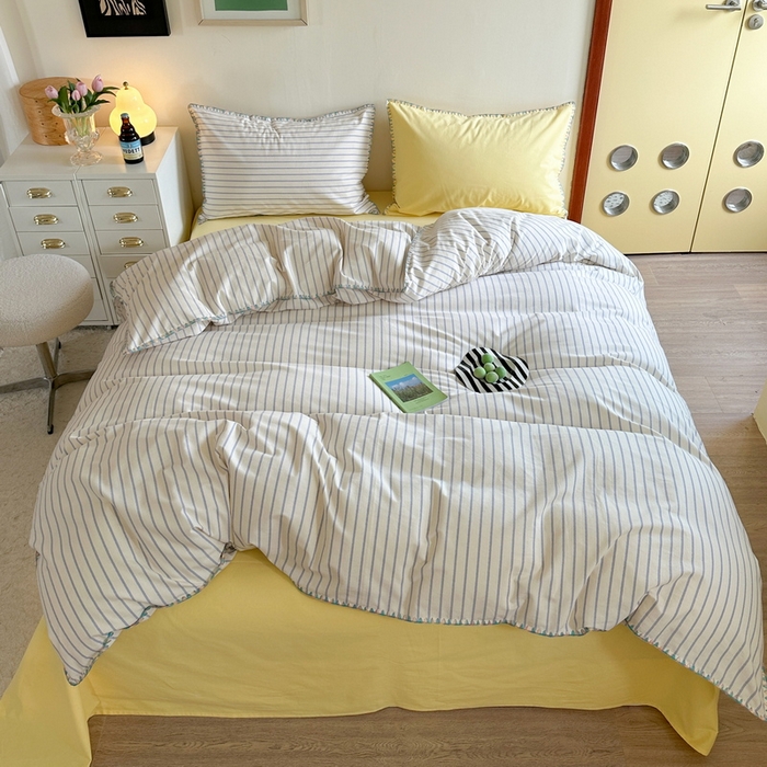 91家纺网 家纺一手货源 找家纺 艾莱家纺 2025新款七彩贝壳全棉加厚超柔磨毛四件套 幻珊-蓝黄中条