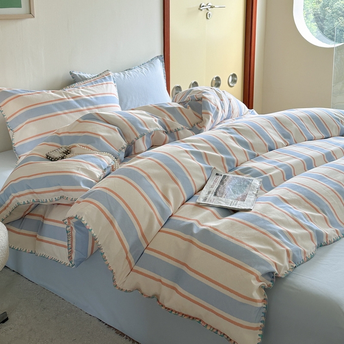 91家纺网 家纺一手货源 找家纺 艾莱家纺 2025新款七彩贝壳全棉加厚超柔磨毛四件套 幻珊-蓝宽条