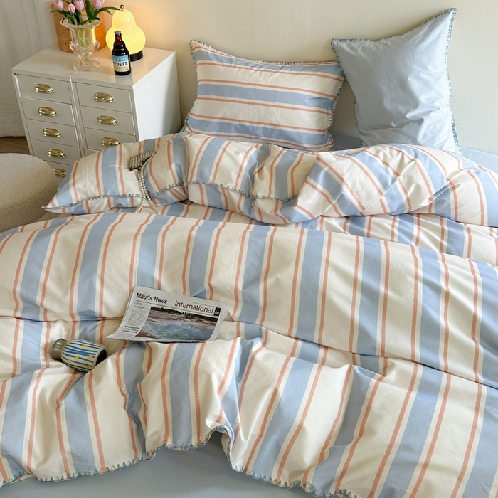 91家纺网 家纺一手货源 找家纺 艾莱家纺 2025新款七彩贝壳全棉加厚超柔磨毛四件套 幻珊-蓝宽条