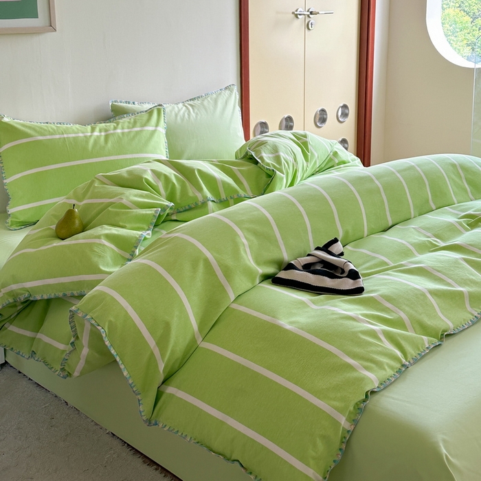 91家纺网 家纺一手货源 找家纺 艾莱家纺 2025新款七彩贝壳全棉加厚超柔磨毛四件套 幻珊-绿宽条