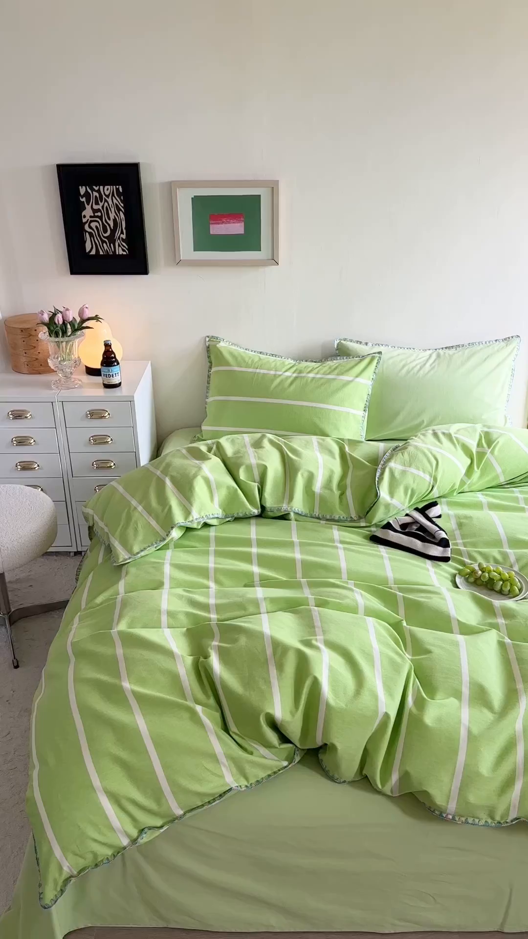 91家纺网 家纺一手货源 找家纺 艾莱家纺 2025新款七彩贝壳全棉加厚超柔磨毛四件套 幻珊-绿宽条