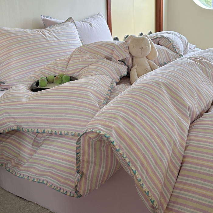 艾莱家纺 2025新款七彩贝壳全棉加厚超柔磨毛四件套 幻珊-紫细条