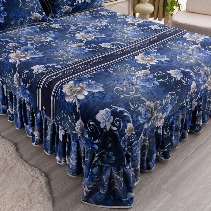 91家纺网 家纺一手货源 找家纺 晚静 2025新款7斤牛奶绒四件套金貂法莱绒床裙款保暖绒三件套 蓝莲花