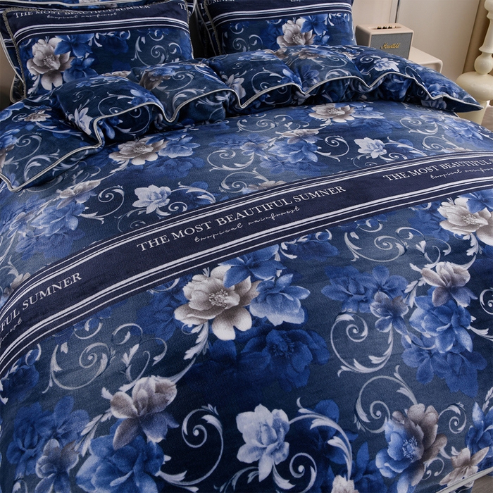 91家纺网 家纺一手货源 找家纺 晚静 2025新款7斤牛奶绒四件套金貂法莱绒床裙款保暖绒三件套 蓝莲花