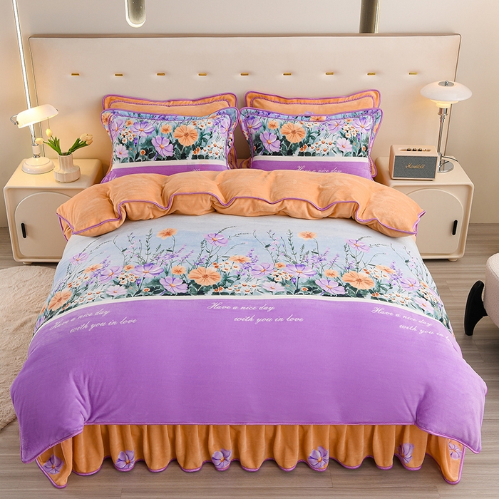 91家纺网 家纺一手货源 找家纺 晚静 2025新款7斤牛奶绒四件套金貂法莱绒床裙款保暖绒三件套 花香