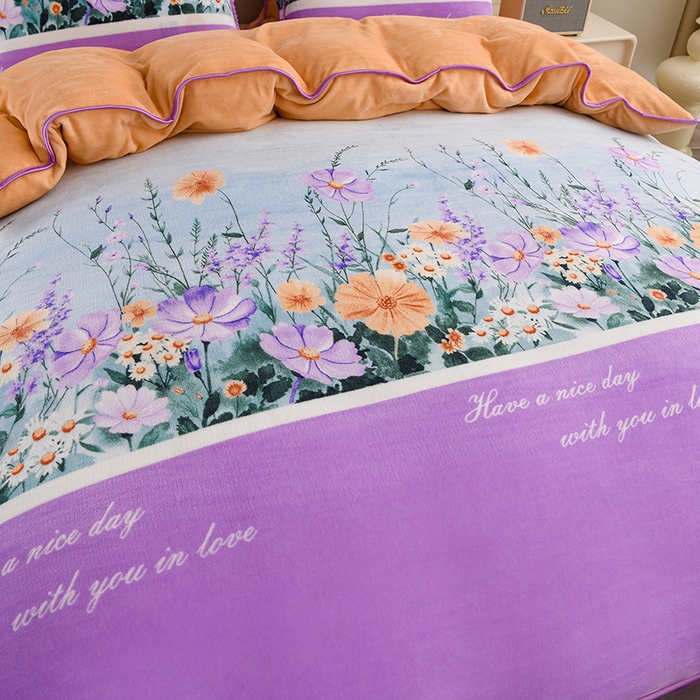 91家纺网 家纺一手货源 找家纺 晚静 2025新款7斤牛奶绒四件套金貂法莱绒床裙款保暖绒三件套 花香