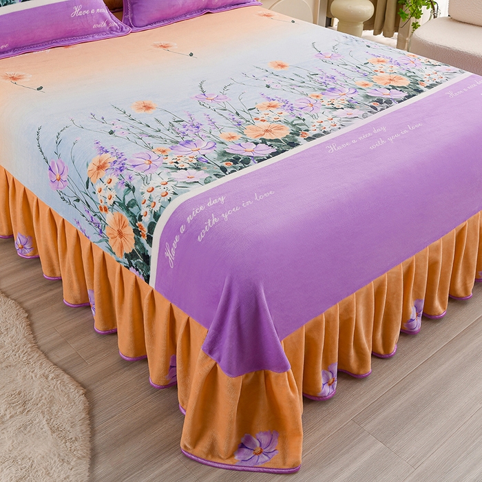 91家纺网 家纺一手货源 找家纺 晚静 2025新款7斤牛奶绒四件套金貂法莱绒床裙款保暖绒三件套 花香