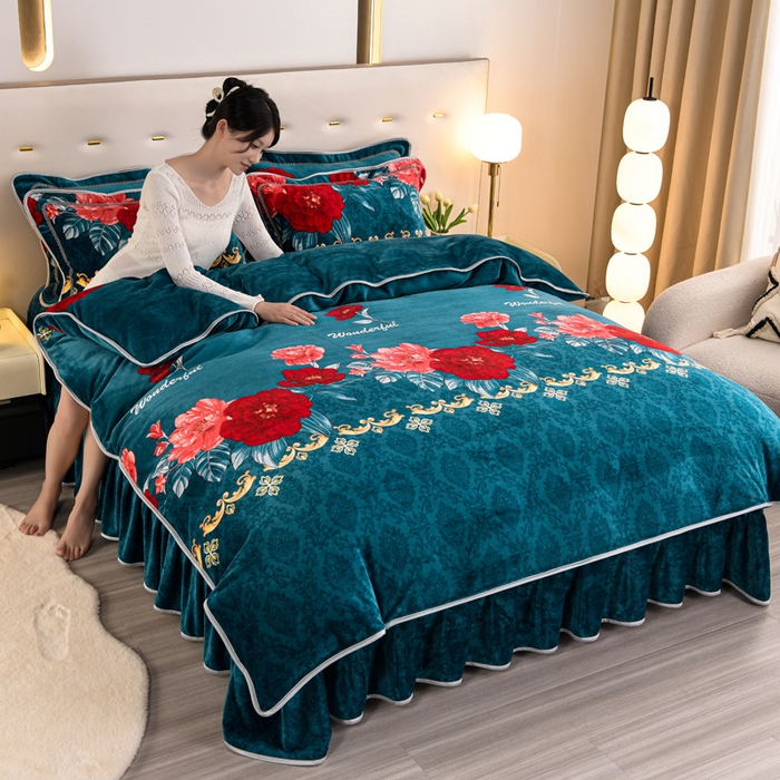 晚静 2025新款7斤牛奶绒四件套金貂法莱绒床裙款保暖绒三件套 花开富贵