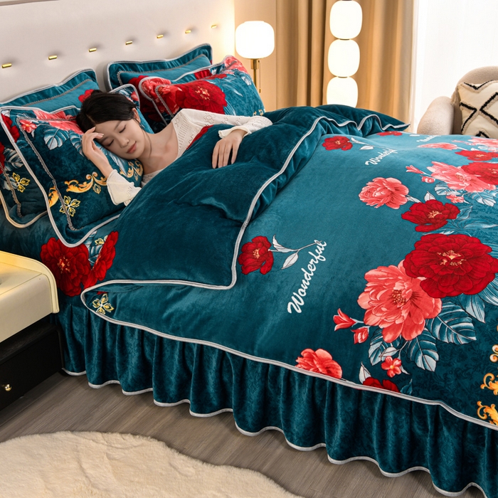 91家纺网 家纺一手货源 找家纺 晚静 2025新款7斤牛奶绒四件套金貂法莱绒床裙款保暖绒三件套 花开富贵