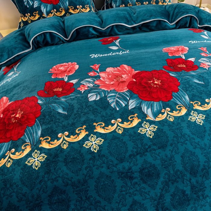 91家纺网 家纺一手货源 找家纺 晚静 2025新款7斤牛奶绒四件套金貂法莱绒床裙款保暖绒三件套 花开富贵