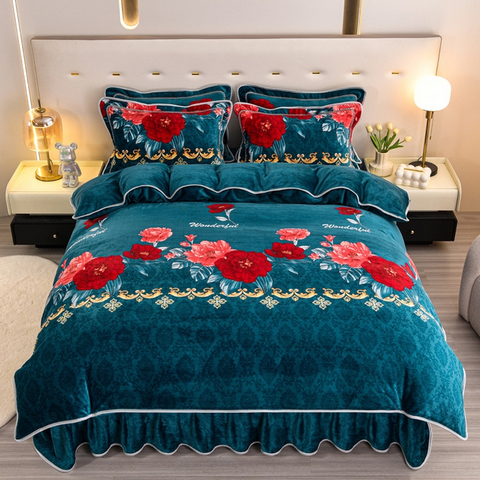 91家纺网 家纺一手货源 找家纺 晚静 2025新款7斤牛奶绒四件套金貂法莱绒床裙款保暖绒三件套 花开富贵