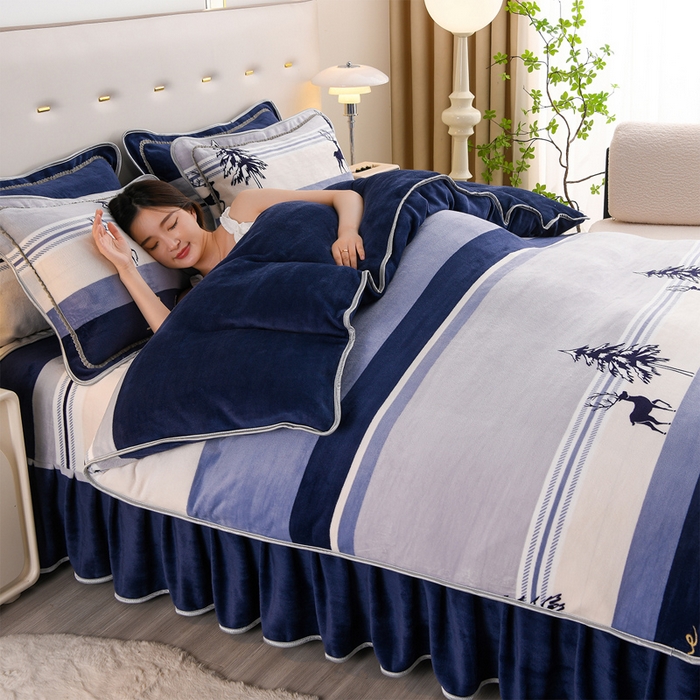 91家纺网 家纺一手货源 找家纺 晚静 2025新款7斤牛奶绒四件套金貂法莱绒床裙款保暖绒三件套 小鹿