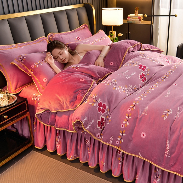 91家纺网 家纺一手货源 找家纺 诺梵家纺 2023新款8斤加厚保暖金貂绒牛奶绒印花四件套 向阳花开-粉