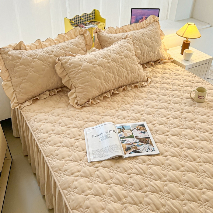 91家纺网 家纺一手货源 找家纺 鼎丰家纺 2025新款纯色高克重水洗棉夹棉床裙-曼可 曼可-卡其