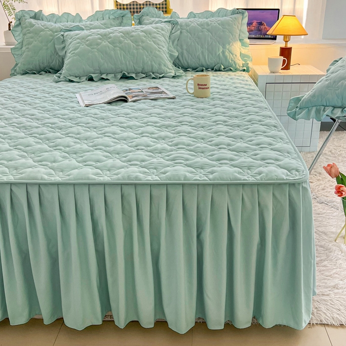 91家纺网 家纺一手货源 找家纺 鼎丰家纺 2025新款纯色高克重水洗棉夹棉床裙-曼可 曼可-浅绿