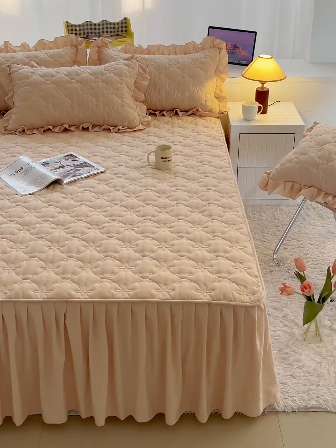 91家纺网 家纺一手货源 找家纺 鼎丰家纺 2025新款纯色高克重水洗棉夹棉床裙-曼可 曼可-卡其