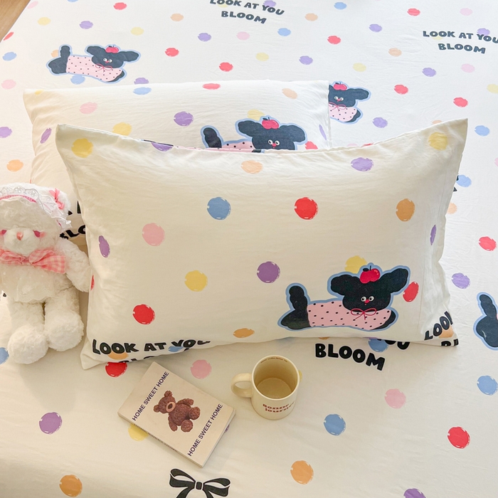 91家纺网 家纺一手货源 找家纺 鼎丰家纺 2025新款90克超柔软糯印花单床笠系列 波点小狗