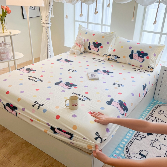 鼎丰家纺 2025新款90克超柔软糯印花单床笠系列 波点小狗
