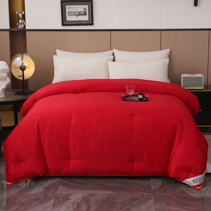 91家纺网 家纺一手货源 找家纺 越宏顺 2025新款全棉缎条.被桑.被春秋被双人子母被二合一冬被 大红