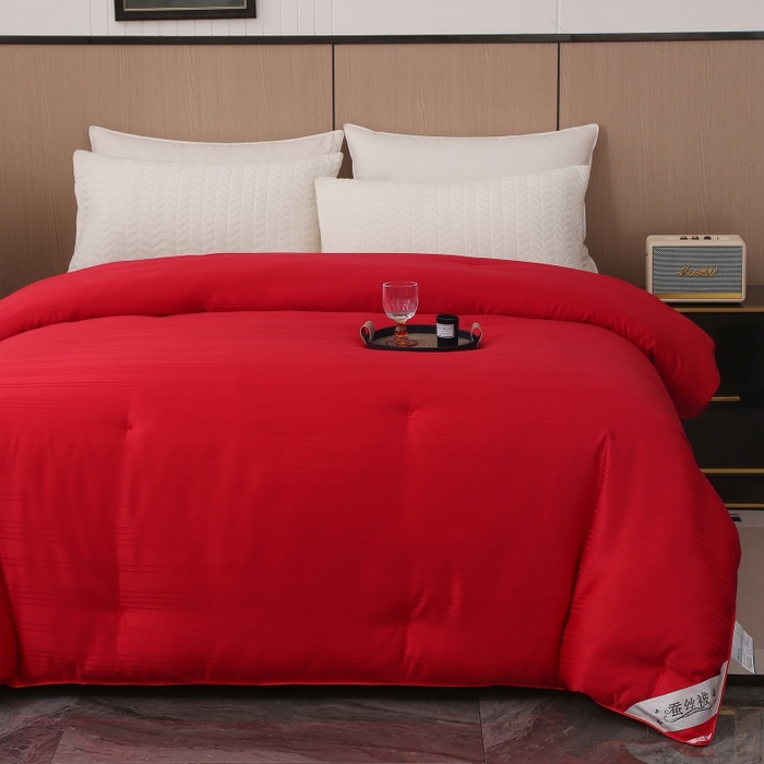 91家纺网 家纺一手货源 找家纺 越宏顺 2025新款全棉缎条.被桑.被春秋被双人子母被二合一冬被 大红