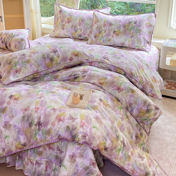 91家纺网 家纺一手货源 找家纺 梦可莱家居 2025新款木棉床盖四件套 彩绘蝴蝶