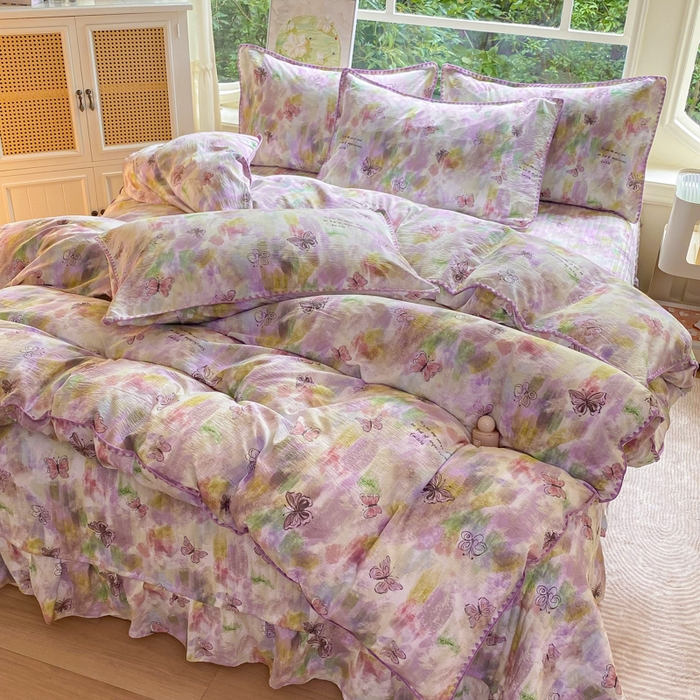 91家纺网 家纺一手货源 找家纺 梦可莱家居 2025新款木棉床盖四件套 彩绘蝴蝶