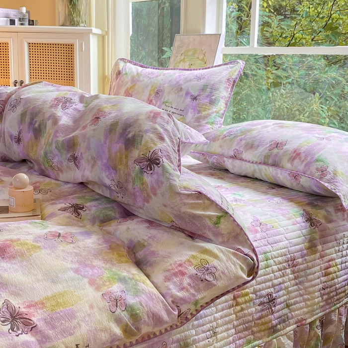 91家纺网 家纺一手货源 找家纺 梦可莱家居 2025新款木棉床盖四件套 彩绘蝴蝶