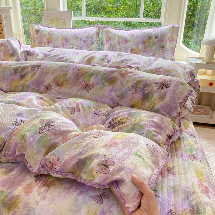 91家纺网 家纺一手货源 找家纺 梦可莱家居 2025新款木棉床盖四件套 彩绘蝴蝶