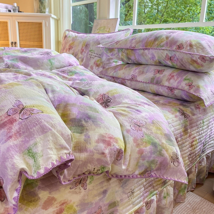 91家纺网 家纺一手货源 找家纺 梦可莱家居 2025新款木棉床盖四件套 彩绘蝴蝶