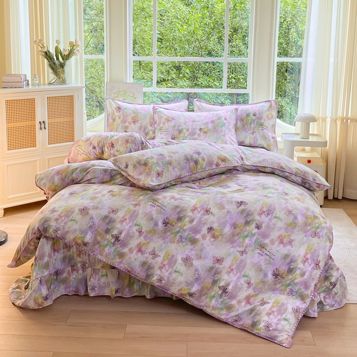 91家纺网 家纺一手货源 找家纺 梦可莱家居 2025新款木棉床盖四件套 彩绘蝴蝶