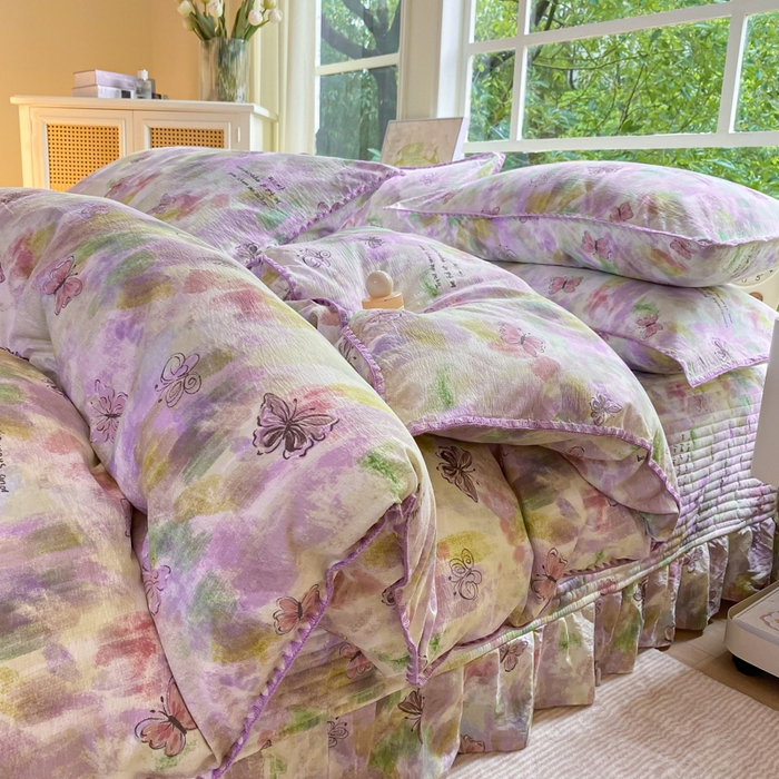 91家纺网 家纺一手货源 找家纺 梦可莱家居 2025新款木棉床盖四件套 彩绘蝴蝶