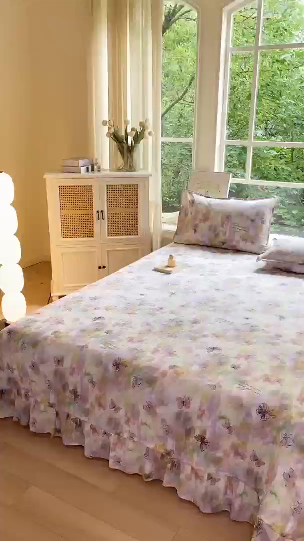 91家纺网 家纺一手货源 找家纺 梦可莱家居 2025新款木棉床盖四件套 彩绘蝴蝶