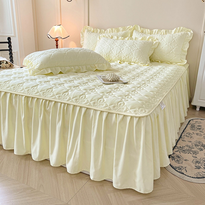 91家纺网 家纺一手货源 找家纺 鼎丰家纺 2025新款-100%新疆棉花夹棉床裙 100%新疆棉花床裙-奶油黄