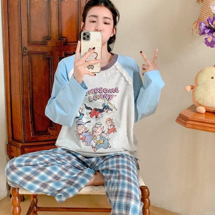 91家纺网 家纺一手货源 找家纺 妍景家居生活馆 2025新款秋野叙集家居服 秋野叙集家居服-蓝色