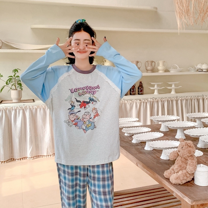 91家纺网 家纺一手货源 找家纺 妍景家居生活馆 2025新款秋野叙集家居服 秋野叙集家居服-蓝色