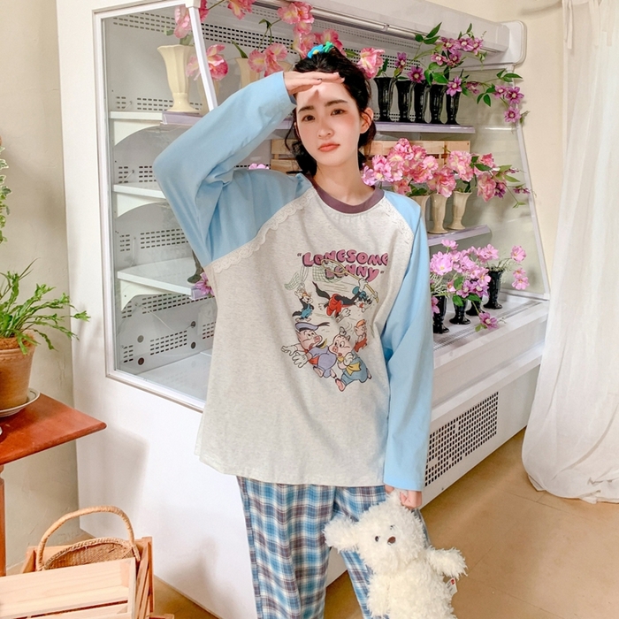 91家纺网 家纺一手货源 找家纺 妍景家居生活馆 2025新款秋野叙集家居服 秋野叙集家居服-蓝色