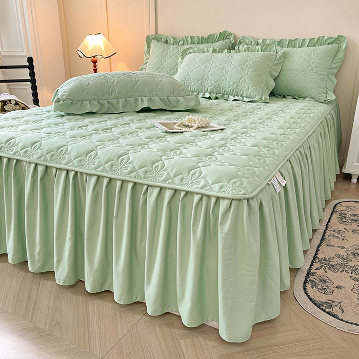 91家纺网 家纺一手货源 找家纺 鼎丰家纺 2025新款-100%新疆棉花夹棉床裙 100%新疆棉花床裙-苹果绿