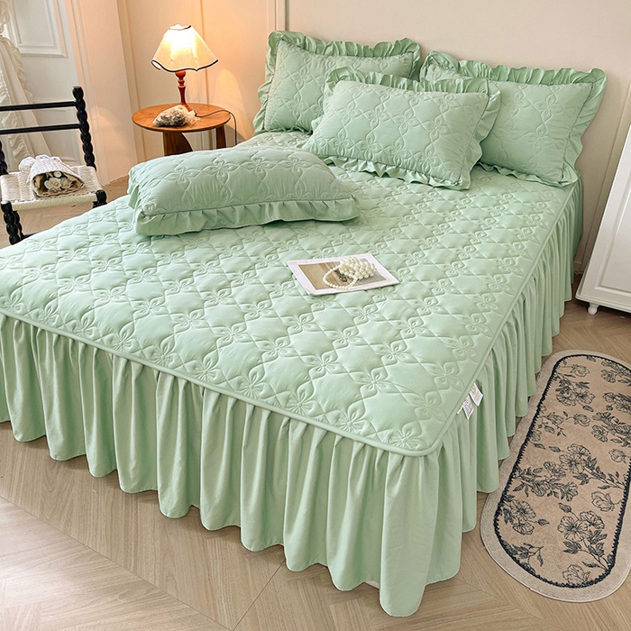 91家纺网 家纺一手货源 找家纺 鼎丰家纺 2025新款-100%新疆棉花夹棉床裙 100%新疆棉花床裙-苹果绿