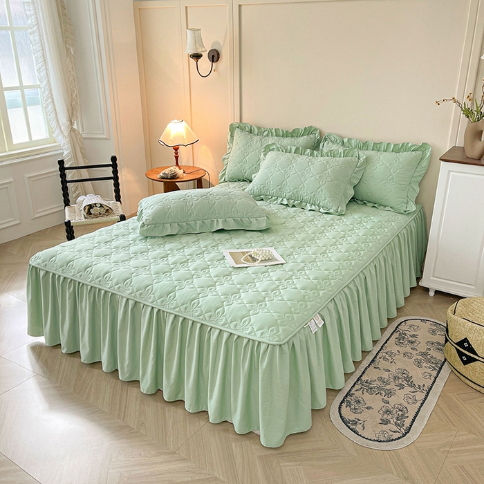 91家纺网 家纺一手货源 找家纺 鼎丰家纺 2025新款-100%新疆棉花夹棉床裙 100%新疆棉花床裙-苹果绿