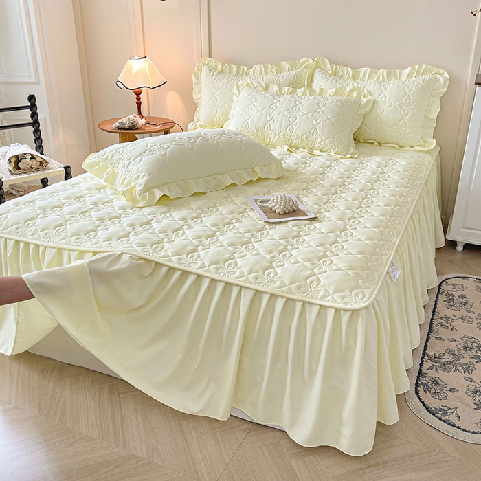 91家纺网 家纺一手货源 找家纺 鼎丰家纺 2025新款-100%新疆棉花夹棉床裙 100%新疆棉花床裙-奶油黄