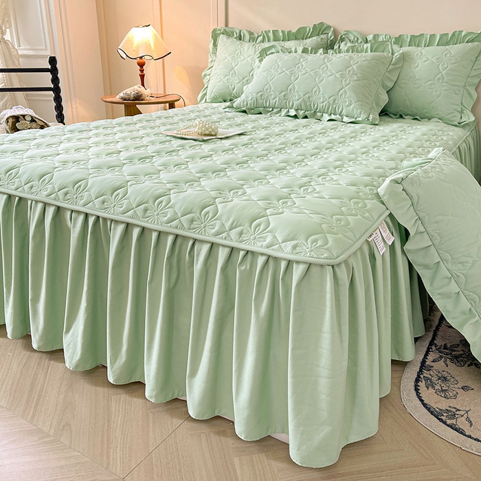 91家纺网 家纺一手货源 找家纺 鼎丰家纺 2025新款-100%新疆棉花夹棉床裙 100%新疆棉花床裙-苹果绿