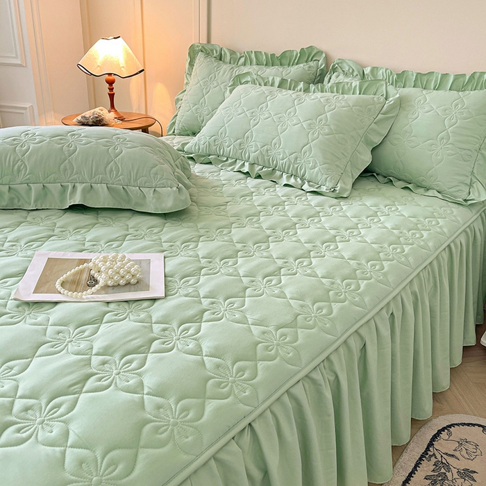 91家纺网 家纺一手货源 找家纺 鼎丰家纺 2025新款-100%新疆棉花夹棉床裙 100%新疆棉花床裙-苹果绿