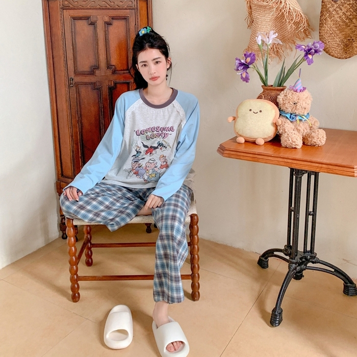 91家纺网 家纺一手货源 找家纺 妍景家居生活馆 2025新款秋野叙集家居服 秋野叙集家居服-蓝色